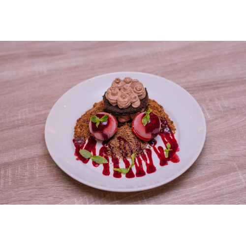 Spaceman's sorbet with dark chocolate &hazelnut Mousse cake